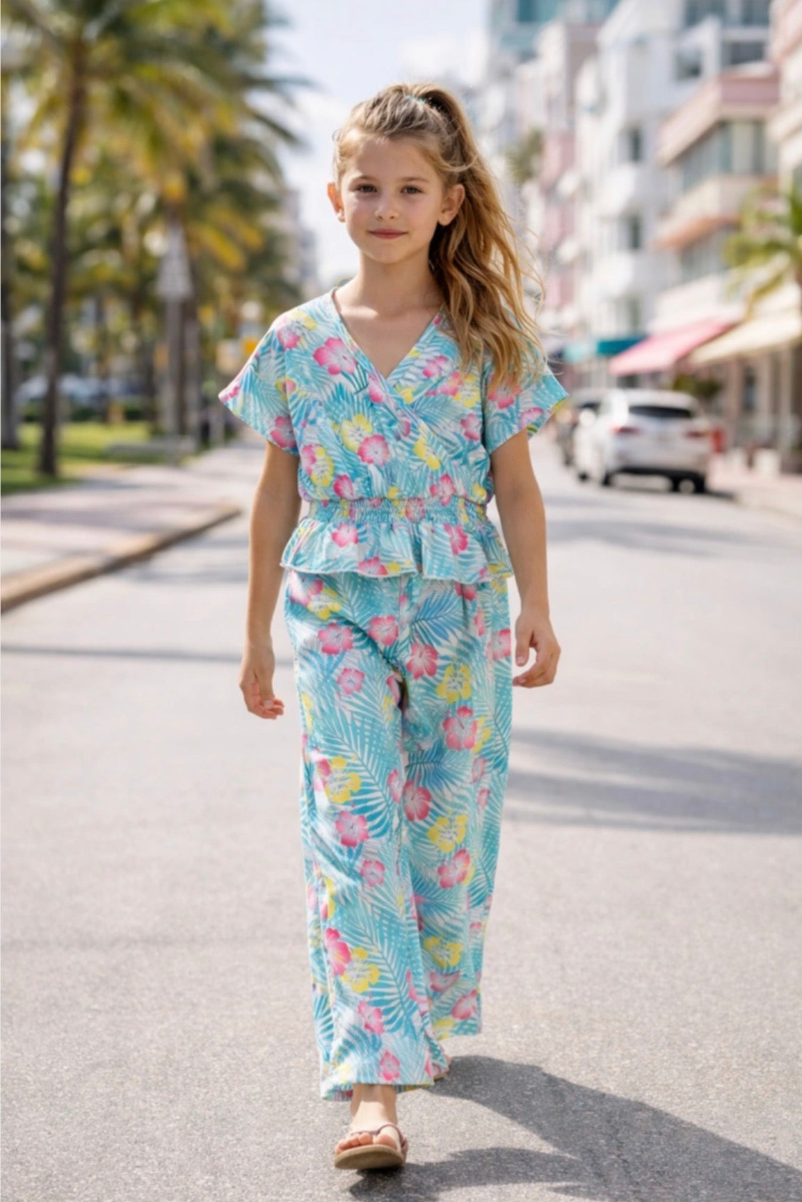 Ensemble fille top croisé + pantalon large fluide à imprimé tropical